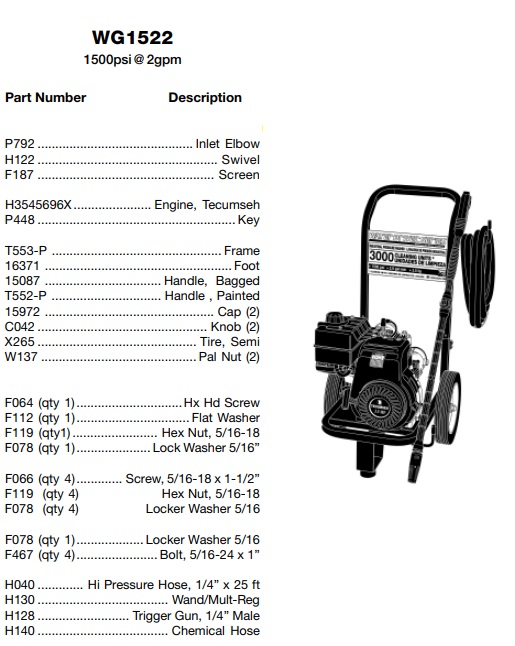 water driver WG1522 power washer repair parts